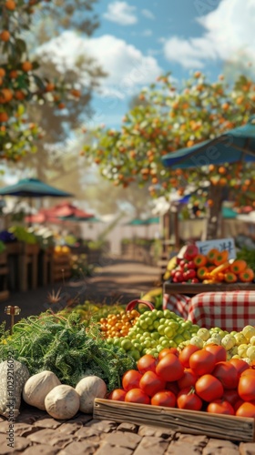 Bright and colorful farmers market with fresh produce, 4K hyperrealistic photo