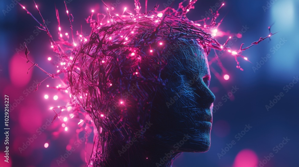 mannequin wearing a thorn crown made of metallic wires with glowing light mannequin wearing a thorn crown made of metallic wires with glowing light