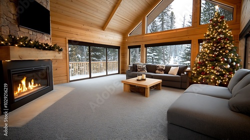 A cozy living room adorned with a beautifully decorated Christmas tree, twinkling lights, and festive ornaments, complemented by a roaring fireplace.