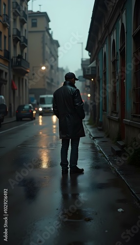 Man in a Raincoat Walking Through a Wet Moody Alley on a Rainy Street Lonely Walk