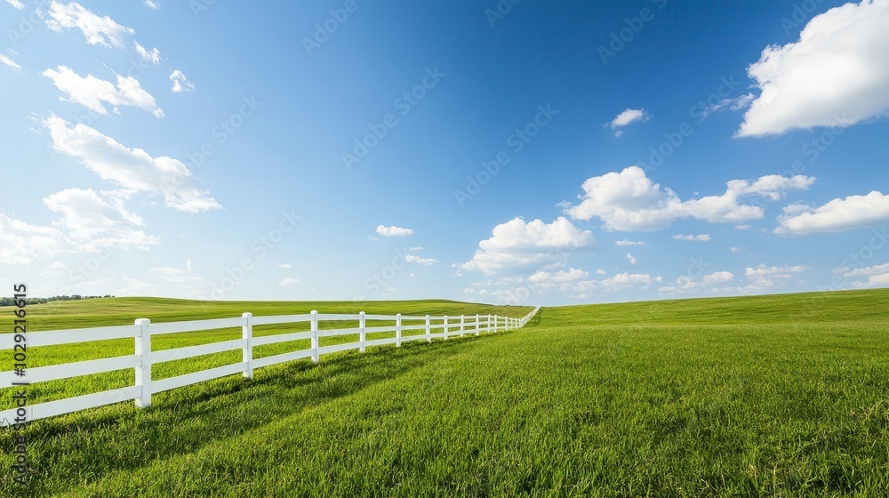 A white fence traverses the green fields under a radiant summer sky. A white fence traverses the green fields under a radiant summer sky.