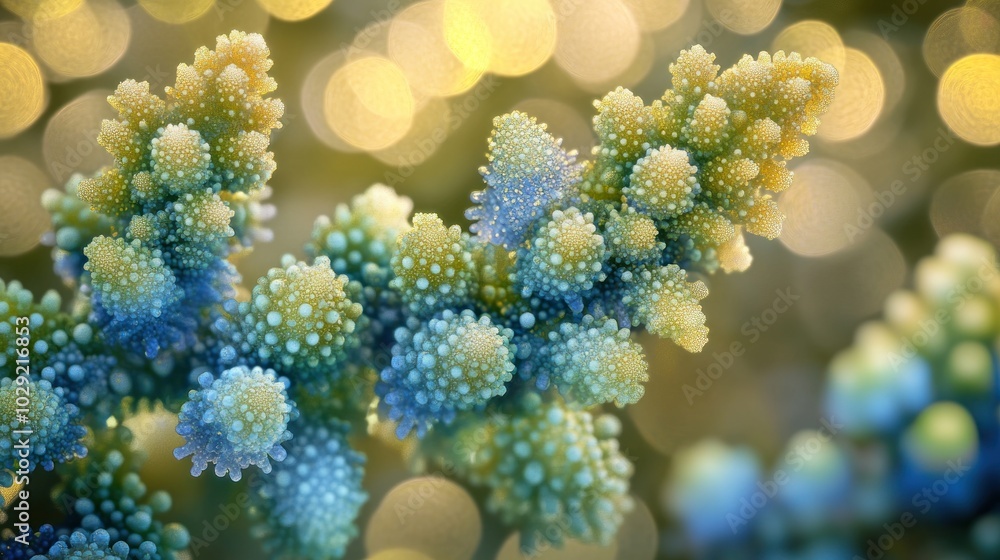Abstract Close-Up of Blue and Yellow Fractal Branch with Golden Bokeh Abstract Close-Up of Blue and Yellow Fractal Branch with Golden Bokeh