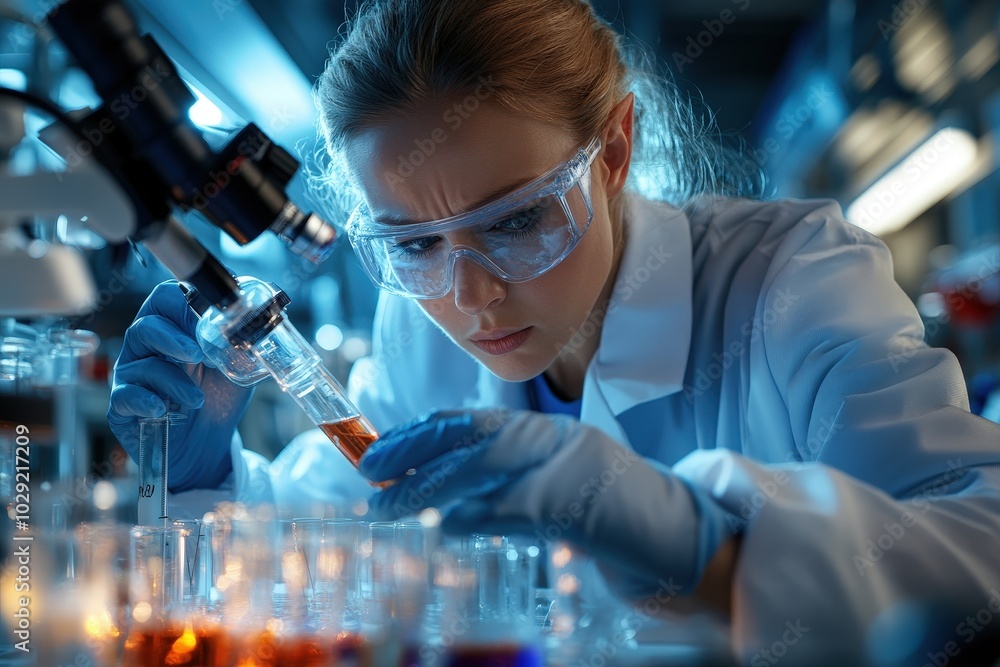 A scientist in a lab coat peers through a futuristic microscope, part of a high-tech lab, symbolizing cutting-edge research and scientific exploration. A scientist in a lab coat peers through a futuristic microscope, part of a high-tech lab, symbolizing cutting-edge research and scientific exploration.