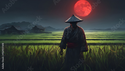 A Chinese peasant ghost with a muddy face and red eyes stands in the middle of an abandoned rice field, his shadow clearly visible in the moonlight. photo