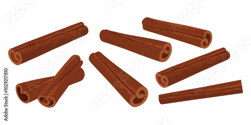 Set of cinnamon sticks isolated on white background. Hand drawn cinnamon sticks.