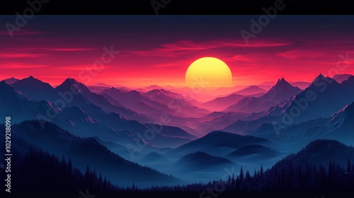 Serene Distant Mountains Bathed in Sunset Glow, tranquil hues blend across the horizon, evoking peace and solitude in nature's embrace photo