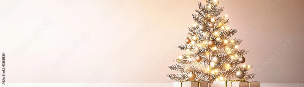 Elegant Christmas tree with lights and presents, white background. Elegant Christmas tree with lights and presents, white background.