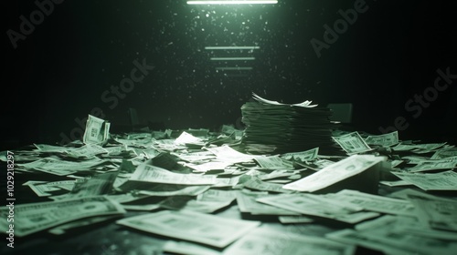 Scam Artist's Chaotic Lair: A Fraudulent Desk Overflowing with Fake Documents under Dramatic Cinematic Lighting