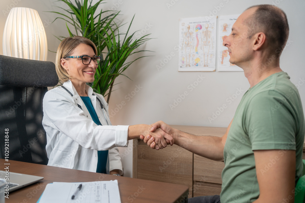 Obraz premium Smiling patient and doctor shaking hands in cabinet at clinic. Medicine and health care concept, Professional Female doctor in white coat handshake with patient after successful recommend treatment 