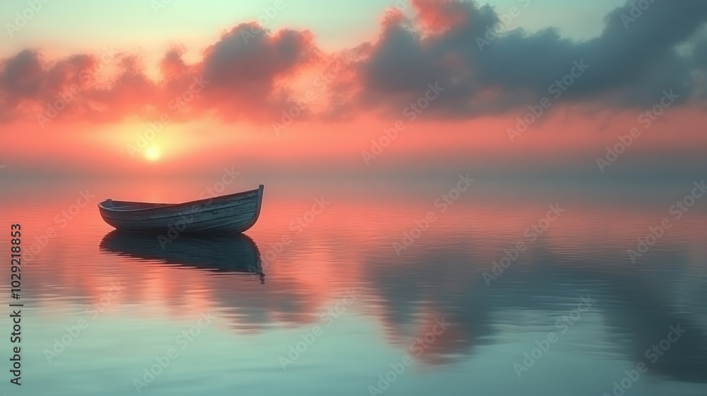 Solitary boat on tranquil lake at sunrise, serene waters reflecting soft hues, peaceful morning atmosphere, perfect solitude Solitary boat on tranquil lake at sunrise, serene waters reflecting soft hues, peaceful morning atmosphere, perfect solitude