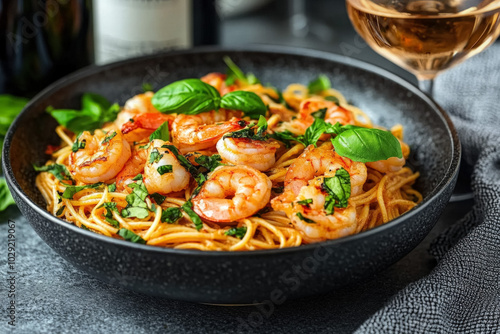 A Beautifully Plated Seafood Dish, Like Shrimp Pasta, Paired With A Chilled Glass Of Ros?? Wine, Set Against A Simple But Elegant Table Setting, Emphasizing The Harmony Of Flavors