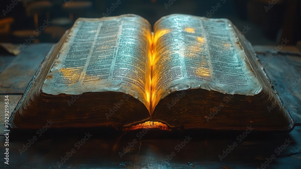 Obraz premium an open bible highlighting the book of acts dramatically illuminated with soft light providing an epic cinematic feel ideal for spiritual presentations and religious themes
