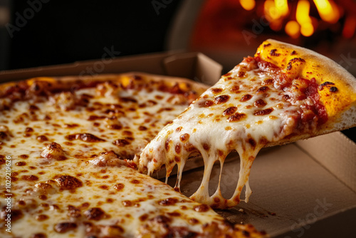 A Close-Up Shot Of A Delicious Slice Of New York-Style Pizza Being Pulled From A Box, With Melted Cheese And Toppings, Highlighting The City's Culinary Delight Against A City Backdrop