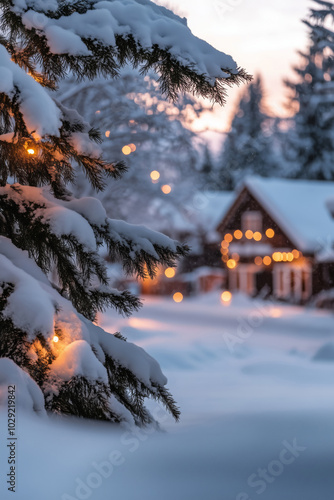 Winter landscape with a snow covered pine tree against the background of lights of a small mountain town photo