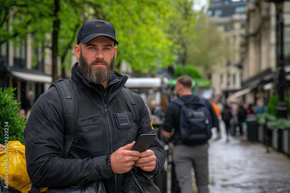 A Food Delivery Driver Checking Their Smartphone For Directions While Parked In Front Of A Popular Restaurant, With Delivery Bags Neatly Organized In The Vehicle A Food Delivery Driver Checking Their Smartphone For Directions While Parked In Front Of A Popular Restaurant, With Delivery Bags Neatly Organized In The Vehicle