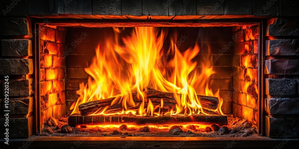 Fireplace with bright orange flames and glowing embers in a black surround Fireplace with bright orange flames and glowing embers in a black surround