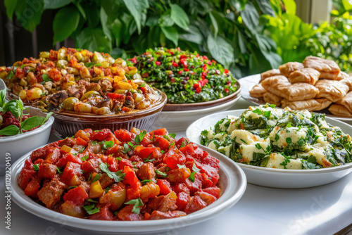 A Lively Outdoor Family Picnic During Eid, Complete With A Variety Of Dishes Like Lamb Tagine, Stuffed Grape Leaves, And Sweet Desserts Like Baklava, Surrounded By Smiles And Laughter.