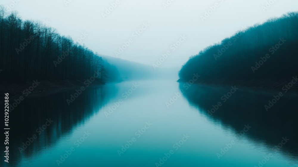 Fototapeta premium Serene foggy river landscape at dawn