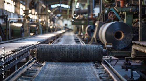 Close-up of a Roll of Fabric on a Conveyor Belt in a Factory Setting