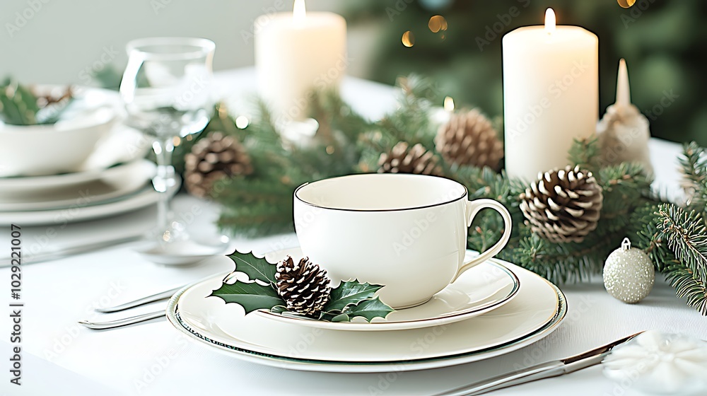 A dining table set for a Christmas feast, featuring elegant tableware, candles, and a festive centerpiece of pinecones and holly. A dining table set for a Christmas feast, featuring elegant tableware, candles, and a festive centerpiece of pinecones and holly.