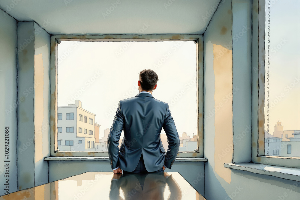 Businessman looking out window at city skyline Businessman looking out window at city skyline