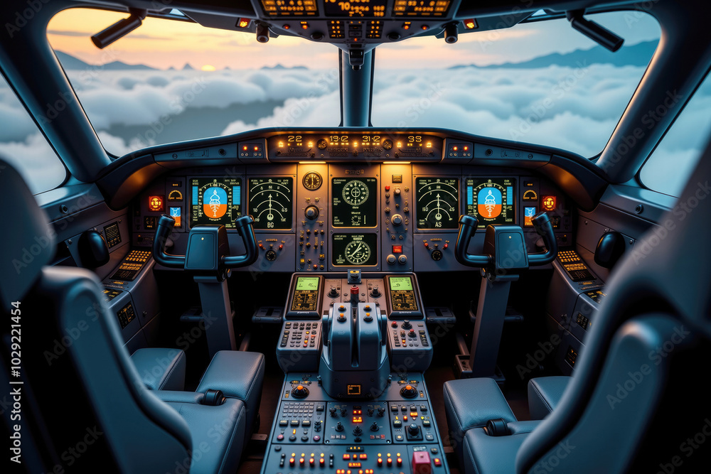 Empty cockpit of a passenger airplane flying above the clouds at sunset