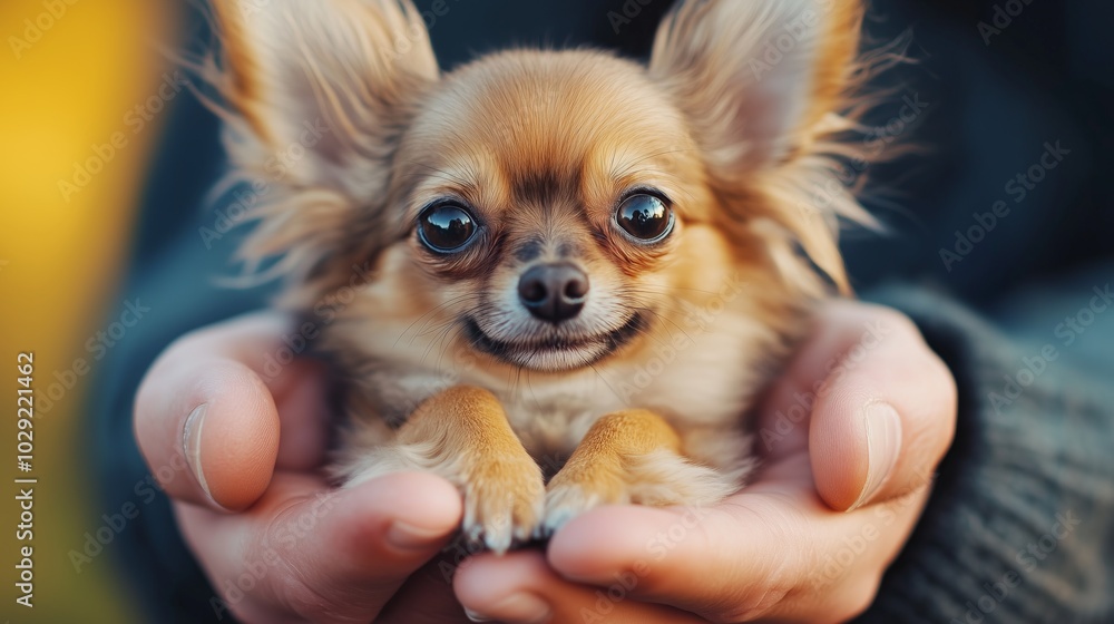 A miniature dog that comfortably lies in the palms of a person. The dog has large, expressive eyes and fluffy fur, which gives it a cute and funny appearance. A miniature dog that comfortably lies in the palms of a person. The dog has large, expressive eyes and fluffy fur, which gives it a cute and funny appearance.