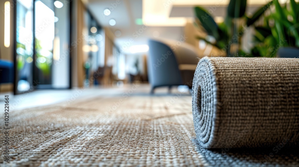Close-up of Rolled-Up Carpet in a Modern Lobby Close-up of Rolled-Up Carpet in a Modern Lobby