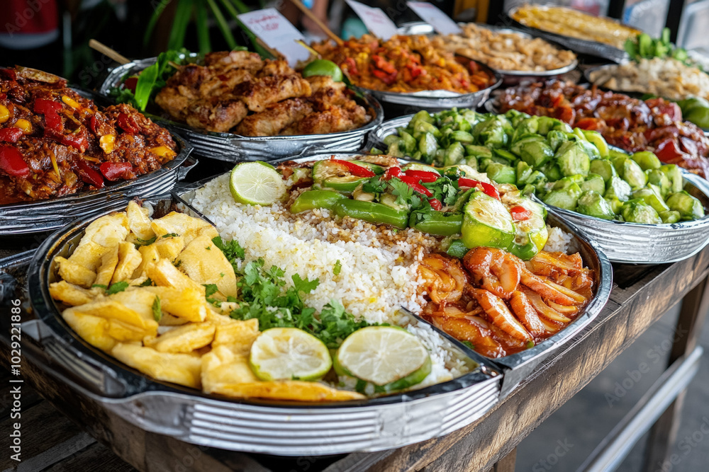 A Wide-Angle View Of A Lively Food Market In The Philippines During A Festive Day, Highlighting Various Stalls Selling Traditional Dishes Like Adobo, Sinigang, And Lechon A Wide-Angle View Of A Lively Food Market In The Philippines During A Festive Day, Highlighting Various Stalls Selling Traditional Dishes Like Adobo, Sinigang, And Lechon
