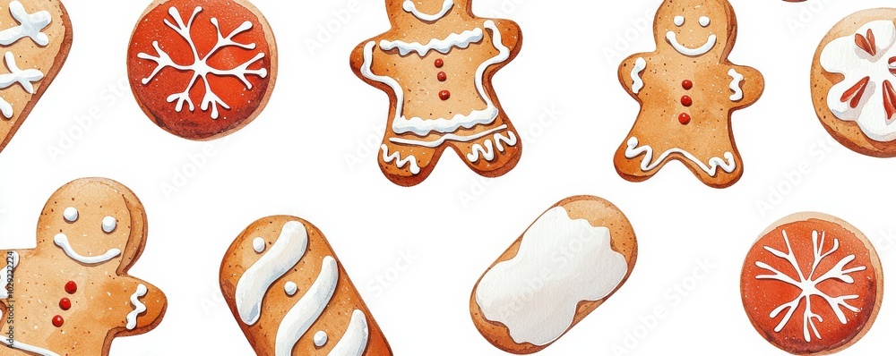 Gingerbread cookies with festive designs, white isolated background. Gingerbread cookies with festive designs, white isolated background.