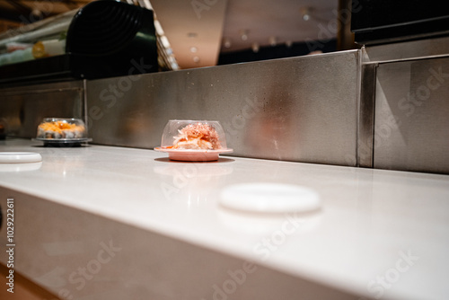 various types of sushi on conveyor belt in a Japanese restaurant. Shushi Go Round is a famous form of fast food in Asia, also known as sushi train. photo