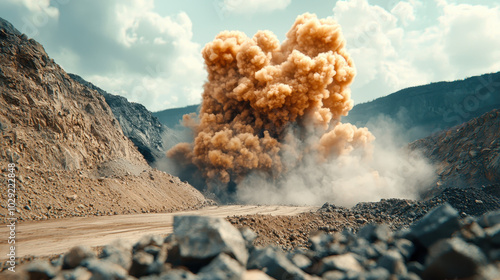 Controlled blast at mining site creates dramatic explosion, sending clouds of dust and debris into air. scene captures power of mining operations and surrounding rocky terrain