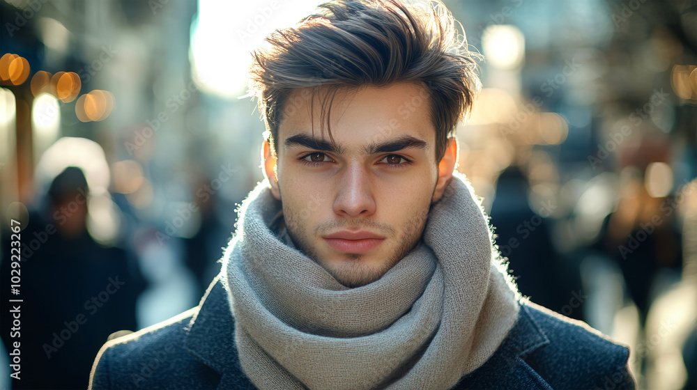 Stylish young man in a coat and scarf poses on a bustling city street, captured in winter ambiance with blurred pedestrians Stylish young man in a coat and scarf poses on a bustling city street, captured in winter ambiance with blurred pedestrians