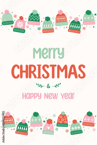Colourful Christmas poster in cartoon style. Greeting card decorated with cute hand drawn winter hats. Vector illustration