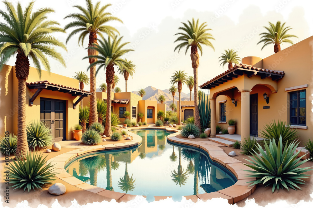 Fototapeta premium Palm trees reflecting in swimming pool of luxurious tropical villa