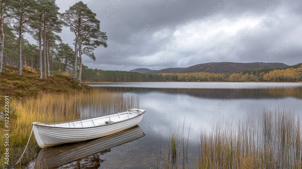 Obraz premium A Small Rowboat Moored at the Edge of a Calm, Tranquil Lake