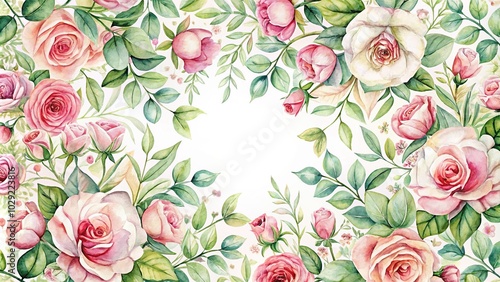 Fisheye pattern of watercolor roses and branches