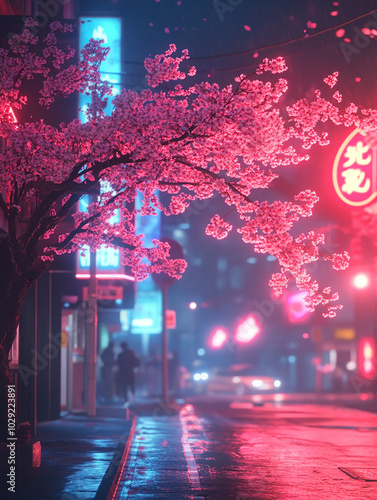 sakura tree in night city Japanese, neon light