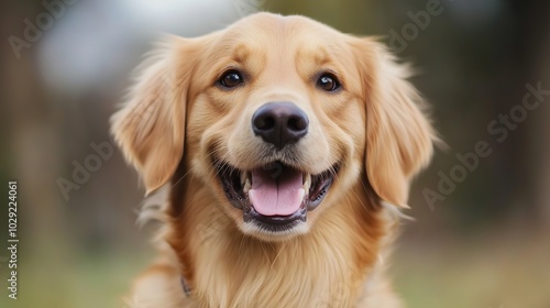 Golden retriever with a joyful expression on his face. The dog smiles with its tongue hanging out, which makes it look very friendly and cute.