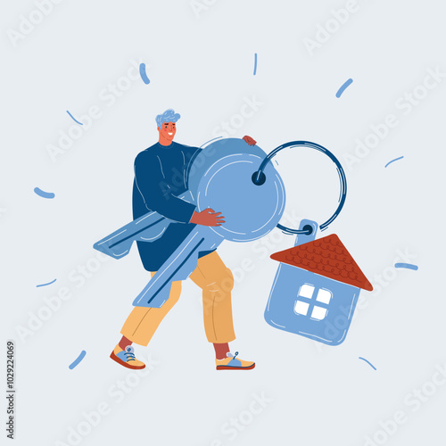 Cartoon vector illustration of Buying the house. Tiny man holding a house key on white background.