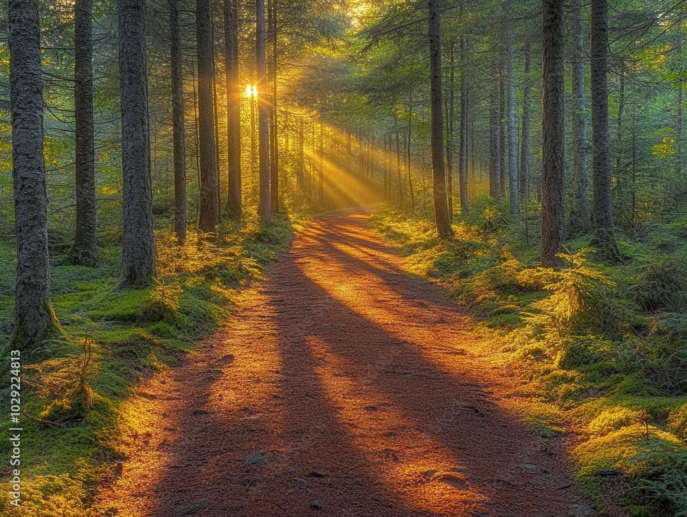 Fototapeta premium Sunlit Forest Pathway, serene trail winding through towering trees, golden rays illuminating lush greenery, inviting tranquility and exploration