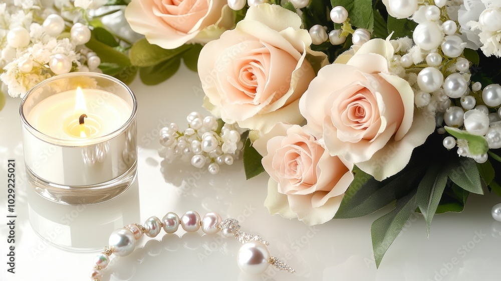 Elegant Floral Arrangement with Roses and Candlelight Elegant Floral Arrangement with Roses and Candlelight