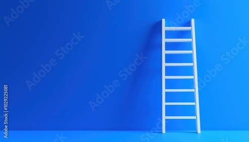 A simple white ladder stands against a vibrant blue wall, suggesting themes of ascent and creativity.