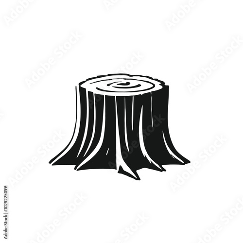 A black and white illustration of a tree stump with a distinct pattern on the surface 