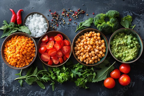 Detailed plant-based diet meal prep with colorful vegetables and legumes ultra-high detail photo