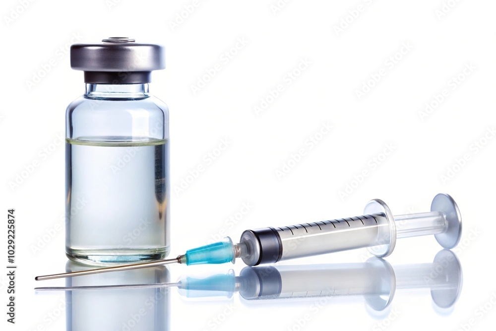 Fisheye Vaccine vial bottle and syringe isolated on white background with copy space Fisheye Vaccine vial bottle and syringe isolated on white background with copy space