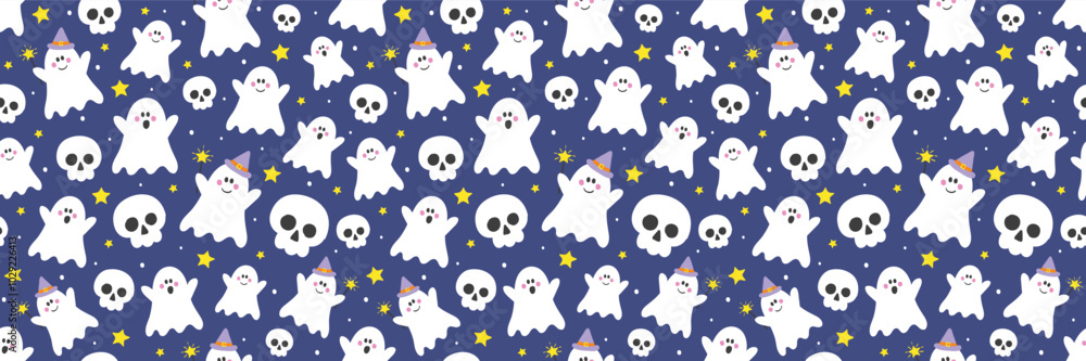 Cute Halloween background with hand drawn ghosts and skulls. Seamless pattern. Banner. Vector illustration Cute Halloween background with hand drawn ghosts and skulls. Seamless pattern. Banner. Vector illustration