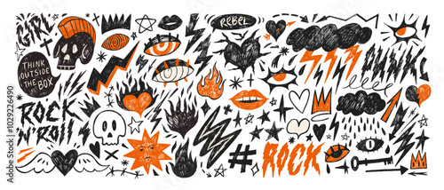Punk and rock style crayon drawn shapes. Collection of charcoal graffiti doodle girly figures.
