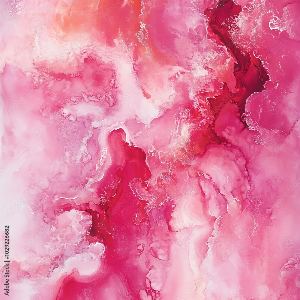 A vibrant abstract design featuring swirling pink hues and fluid patterns.