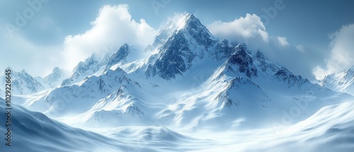 Low-poly snowy mountain landscape, serene minimalism in shades of blue and white, evoking tranquility and winter's embrace